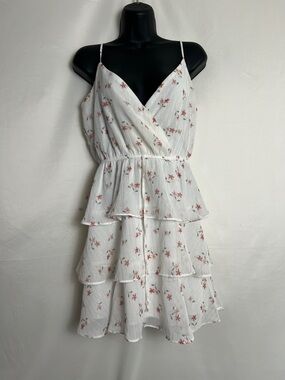 Trixxi White Tiered Floral Spaghetti Strap Dress with Pink Flowers